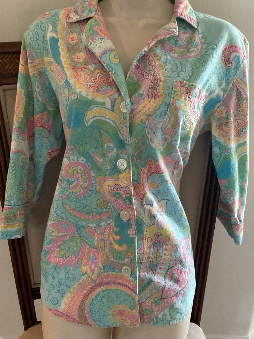 Ralph Lauren Pastel Paisley Button-Front Pajama Top - Aqua, Pink, Yellow